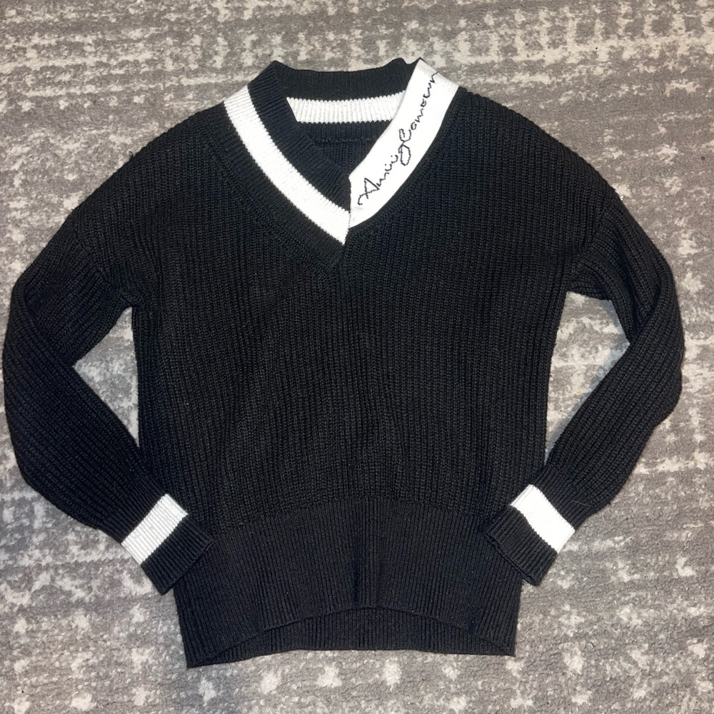 Black V-Neck Sweater with White Trim